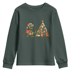 Christmas Dinosaur Knitting Youth Sweatshirt Funny Yarn Tree Gift TS12 Dark Forest Green Print Your Wear