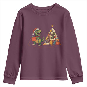 Christmas Dinosaur Knitting Youth Sweatshirt Funny Yarn Tree Gift TS12 Maroon Print Your Wear