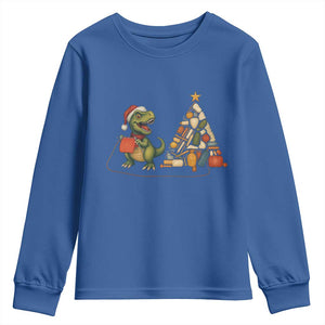 Christmas Dinosaur Knitting Youth Sweatshirt Funny Yarn Tree Gift TS12 Royal Blue Print Your Wear