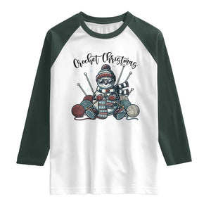 Crochet Christmas Raglan Shirt Funny Snowman Crocheting Gift TS12 White Dark Forest Green Print Your Wear