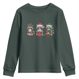 Christmas Raccoon Knitting Youth Sweatshirt Funny Holiday Yarn Gift TS12 Dark Forest Green Print Your Wear