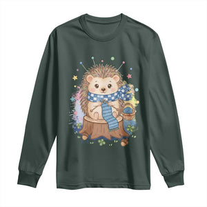 Cute Hedgehog Knitting Long Sleeve Shirt Gift For Crocheter TS12 Dark Forest Green Print Your Wear