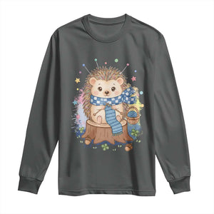 Cute Hedgehog Knitting Long Sleeve Shirt Gift For Crocheter TS12 Dark Heather Print Your Wear