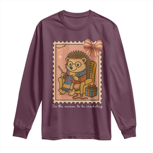Cute Hedgehog Knitting Long Sleeve Shirt Christmas Holiday Gift TS12 Maroon Print Your Wear
