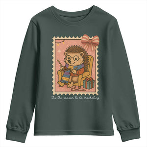 Cute Hedgehog Knitting Youth Sweatshirt Christmas Holiday Gift TS12 Dark Forest Green Print Your Wear