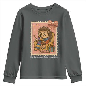 Cute Hedgehog Knitting Youth Sweatshirt Christmas Holiday Gift TS12 Dark Heather Print Your Wear