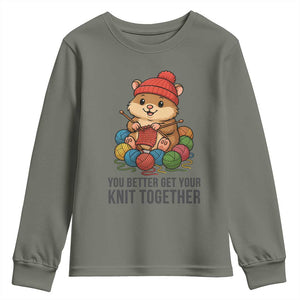 Cute Hamster Knitting Youth Sweatshirt You Better Get Your Knit Together TS12 Military Green Print Your Wear