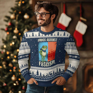 Frogs Against Fascism Ugly Christmas Sweater Portland Protest Vintage Meme Gift TS12 Navy Beige Print Your Wear
