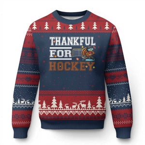 Thankful For Hockey Ugly Christmas Sweater Funny Thanksgiving Ice Hockey Gift TS12 Navy Red Print Your Wear