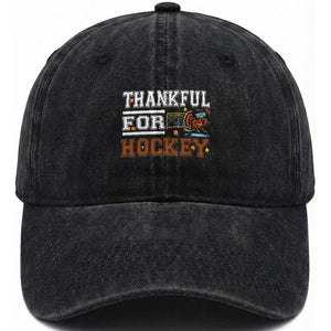 Thankful For Hockey Washed Cotton Baseball Cap Funny Thanksgiving Ice Hockey Gift TS12 Print Your Wear