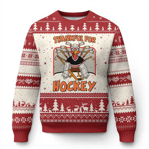 Thankful For Hockey Ugly Christmas Sweater Funny Turkey Ice Hockey Player Gift TS12 Beige Red Print Your Wear