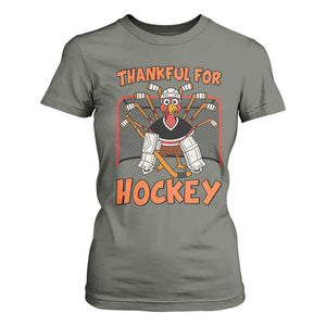 Thankful For Hockey T Shirt For Women Funny Turkey Ice Hockey Player Gift TS12 Military Green Print Your Wear