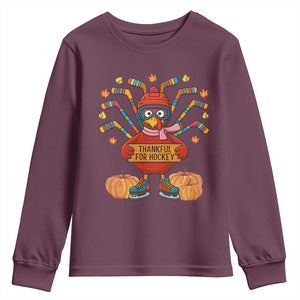 Funny Turkey Ice Hockey Gift Youth Sweatshirt Thankful For Hockey TS12 Maroon Print Your Wear