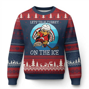 Lets Talk Turkey On The Ice Ugly Christmas Sweater Retro Ocean Blue Ice Hockey Gift TS12 Navy Red Print Your Wear
