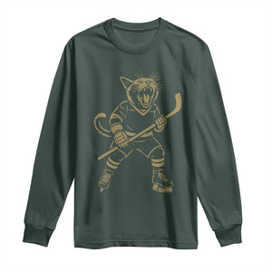 Vintage Cat Playing Hockey Long Sleeve Shirt Kitten Lover Player Gift TS12 Dark Forest Green Print Your Wear