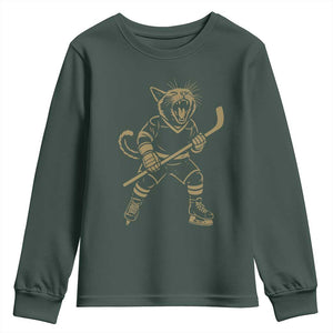 Vintage Cat Playing Hockey Youth Sweatshirt Kitten Lover Player Gift TS12 Dark Forest Green Print Your Wear