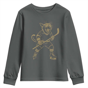 Vintage Cat Playing Hockey Youth Sweatshirt Kitten Lover Player Gift TS12 Dark Heather Print Your Wear