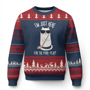 Im Just Here For The Purr Play Ugly Christmas Sweater Funny Cat Hockey Gift TS12 Navy Red Print Your Wear