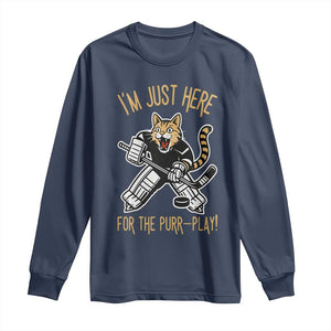 Vintage Cat Hockey Goalie Long Sleeve Shirt Funny Im Just Here For The Purr Play Gift TS12 Navy Print Your Wear