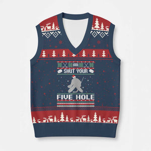 Funny Hockey Goalie Ugly Xmas Gift V-Neck Knit Sweater Vest Shut Your Five Hole TS12 Navy Red Print Your Wear