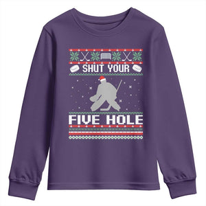 Funny Hockey Goalie Ugly Christmas Gift Youth Sweatshirt Shut Your Five Hole TS12 Purple Print Your Wear