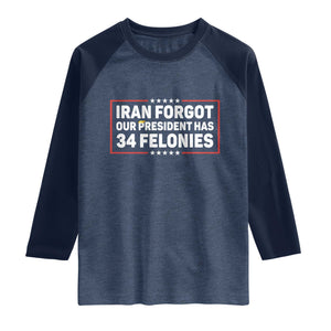 Iran Forgot Our President Has 34 Felonies Raglan Shirt Political Protest TS12 Heather Denim Navy Print Your Wear