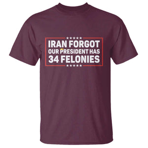 Iran Forgot Our President Has 34 Felonies T Shirt - Political Protest TS12 Maroon Print Your Wear