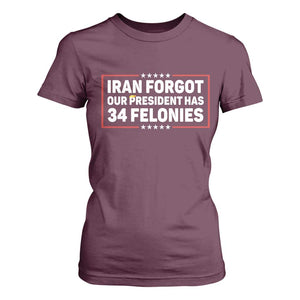 Iran Forgot Our President Has 34 Felonies T Shirt For Women Political Protest TS12 Maroon Print Your Wear