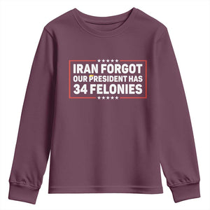 Iran Forgot Our President Has 34 Felonies Youth Sweatshirt Political Protest TS12 Maroon Print Your Wear