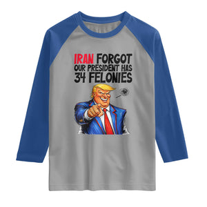 Iran Forgot Our President Has 34 Felonies Raglan Shirt Funny Political Satire TS12 Sport Gray Royal Print Your Wear