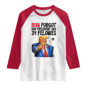 Iran Forgot Our President Has 34 Felonies Raglan Shirt Funny Political Satire TS12 White Red Print Your Wear