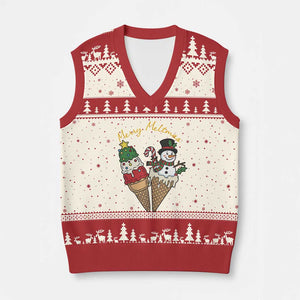 Christmas In July Ice Cream Snowman Graphic V-Neck Knit Sweater Vest Merry Meltmas TS12 Beige Red Print Your Wear