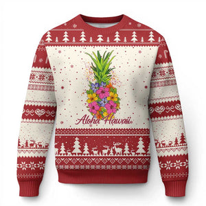 Tropical Floral Pineapple Aloha Hawaii Ugly Christmas Sweater Hawaiian Island Vacation Graphic TS12 Beige Red Print Your Wear