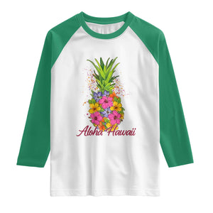 Tropical Floral Pineapple Aloha Hawaii Raglan Shirt Hawaiian Island Vacation Graphic TS12 White Kelly Green Print Your Wear