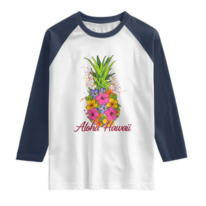 Tropical Floral Pineapple Aloha Hawaii Raglan Shirt Hawaiian Island Vacation Graphic TS12 White Navy Print Your Wear