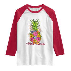 Tropical Floral Pineapple Aloha Hawaii Raglan Shirt Hawaiian Island Vacation Graphic TS12 White Red Print Your Wear