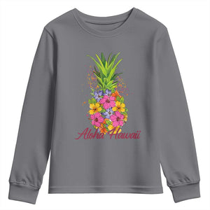 Tropical Floral Pineapple Aloha Hawaii Youth Sweatshirt Hawaiian Island Vacation Graphic TS12 Charcoal Print Your Wear