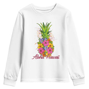 Tropical Floral Pineapple Aloha Hawaii Youth Sweatshirt Hawaiian Island Vacation Graphic TS12 White Print Your Wear