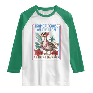 Funny Hawaiian Beach Vacation Graphic Raglan Shirt Tropical Goose On The Loose TS12 White Kelly Green Print Your Wear