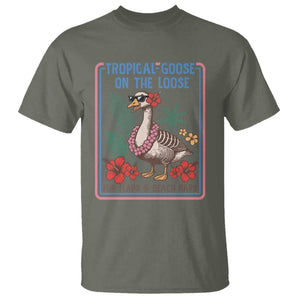 Funny Hawaiian Beach Vacation Graphic T Shirt Tropical Goose On The Loose TS12 Military Green Print Your Wear