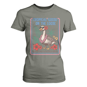 Funny Hawaiian Beach Vacation Graphic T Shirt For Women Tropical Goose On The Loose TS12 Military Green Print Your Wear