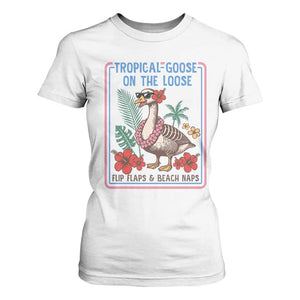 Funny Hawaiian Beach Vacation Graphic T Shirt For Women Tropical Goose On The Loose TS12 White Print Your Wear