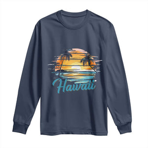 Retro Sunset Palm Tree Hawaii Long Sleeve Shirt Tropical Vacation Graphic TS12 Navy Print Your Wear