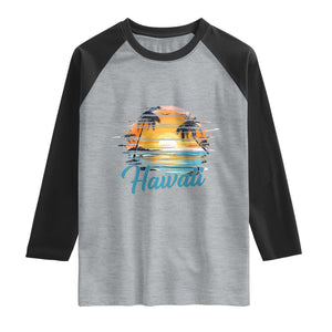 Retro Sunset Palm Tree Hawaii Raglan Shirt Tropical Vacation Graphic TS12 Heather Gray Black Print Your Wear