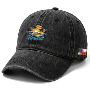 Retro Sunset Palm Tree Hawaii Washed Cotton Baseball Cap Tropical Vacation Graphic TS12 Print Your Wear
