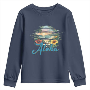 Vintage Hawaii Hibiscus Floral Youth Sweatshirt Tropical Beach Vacation Graphic TS12 Navy Print Your Wear