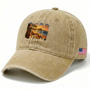 Vintage Hawaii Beach Travel Washed Cotton Baseball Cap Sunset Ocean Landscape TS12 Print Your Wear