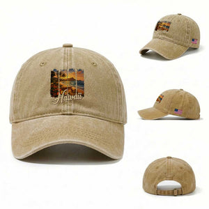 Vintage Hawaii Beach Travel Washed Cotton Baseball Cap Sunset Ocean Landscape TS12 Washed Cap Universal Fit Khaki Print Your Wear