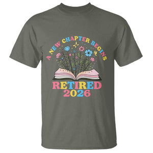 Women Retirement Life T Shirt Retired 2026 A New Chapter Begins Floral Book TS12 Military Green Print Your Wear