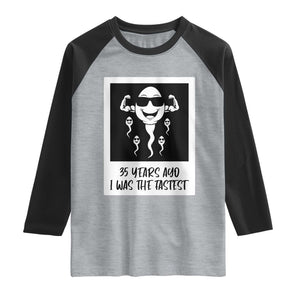 35 Years Ago I Was The Fastest Raglan Shirt Hilarious 35th Birthday Party Graphic TS12 Heather Gray Black Print Your Wear